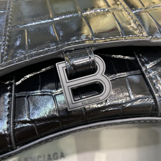 Balenciaga專櫃爆款迷你鱷魚黑配黑扣手提女包 巴黎世家mini Hourglass沙漏包 fyj1931